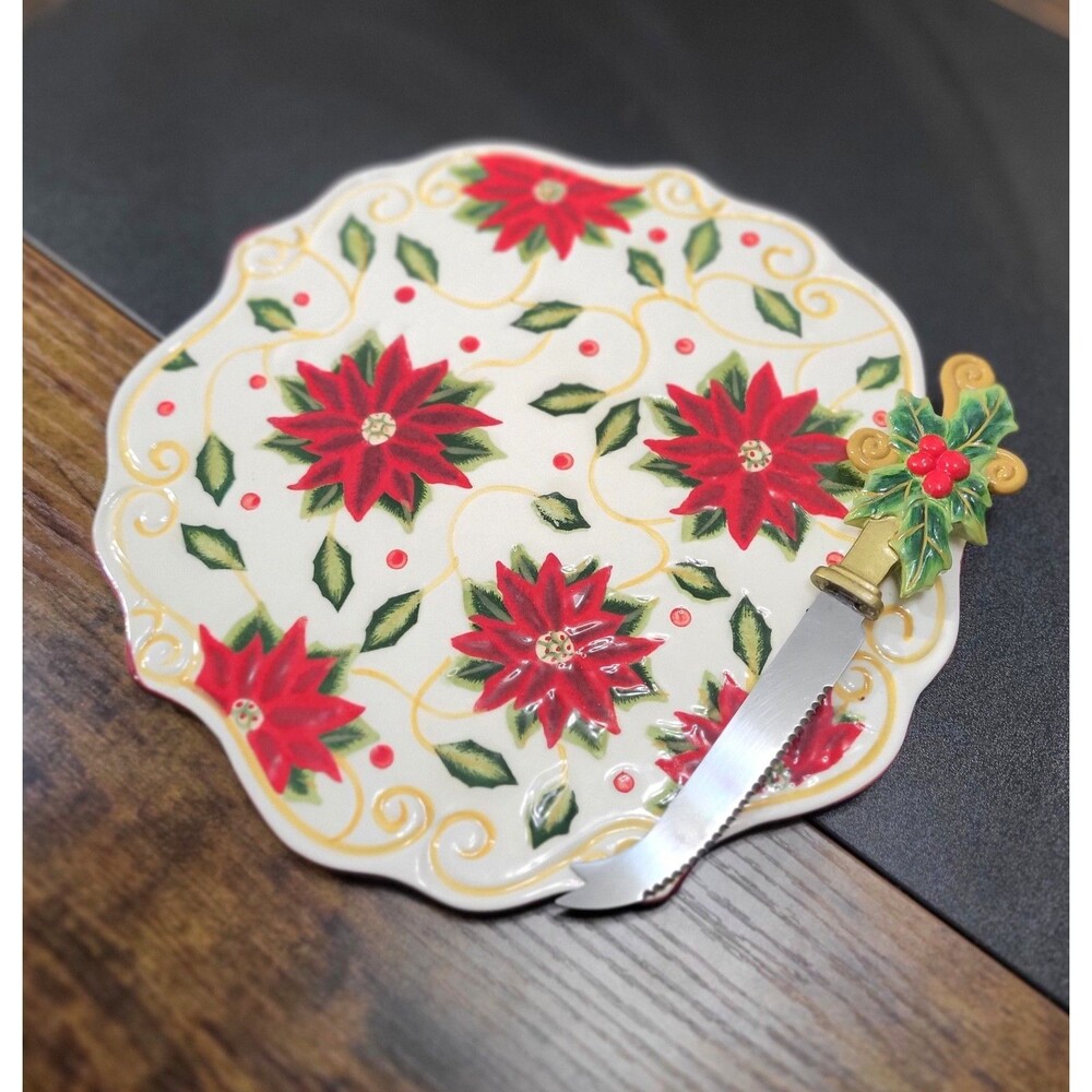 Christmas Holly Berry Poinsettia Ceramic Cheese Plate Knife Serving Set